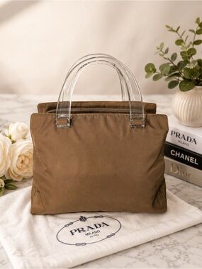 Vintage PRADA Tessuto Nylon Taupe Tote With Lucite Handles